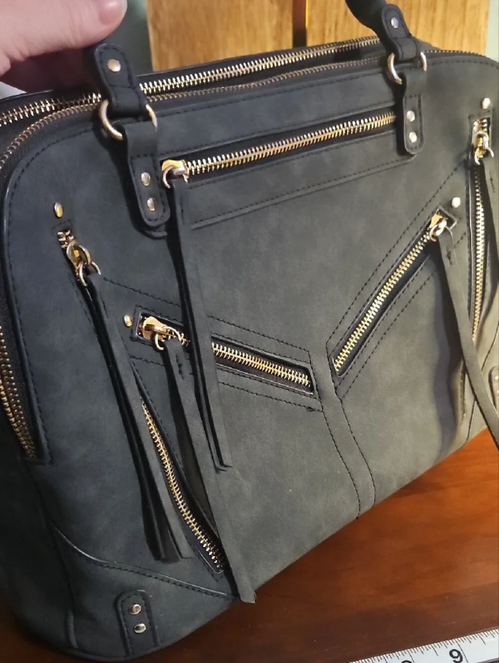 Women's Black Structured Satchel with Gold Zipper Accents